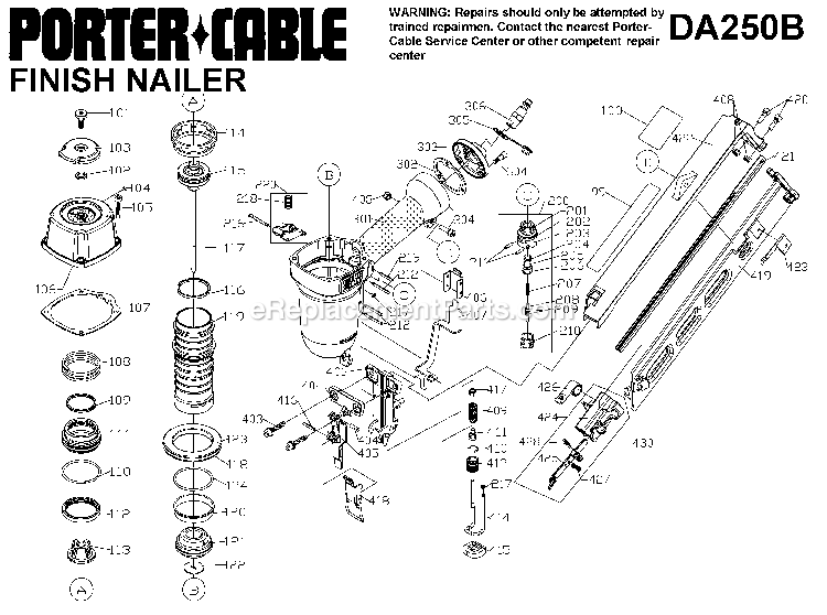Porter Cable DA250B (Type 1) Finish Nailer Power Tool Page A Diagram